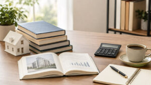 Immobilienbücher für Anfänger mit Hausmodell, Rechner und Fachbuch auf einem Schreibtisch