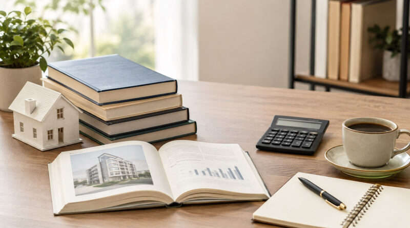 Immobilienbücher für Anfänger mit Hausmodell, Rechner und Fachbuch auf einem Schreibtisch